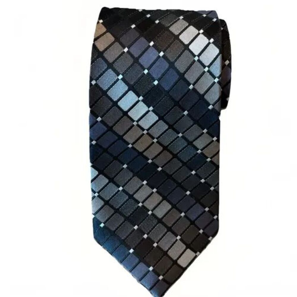 Kenneth Cole Reaction Tie Black Gray Blue Geometric Squares Silk Men’s Necktie